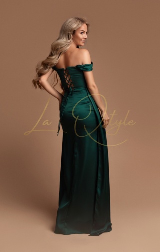 SOFIA satynowa sukienka z gorsetem, trenem i opadającymi ramiączkami BUTELKOWA ZIELEŃ
