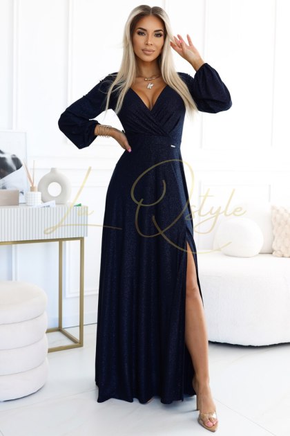 NELA połyskująca długa suknia z dekoltem i długim rękawkiem GRANATOWA