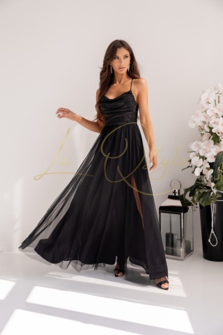 RUBI tiulowa sukienka brokatowa z wiązaniem na plecach CZARNA