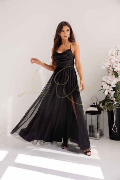 RUBI tiulowa sukienka brokatowa z wiązaniem na plecach CZARNA