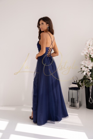 RUBI tiulowa sukienka brokatowa z wiązaniem na plecach GRANATOWA