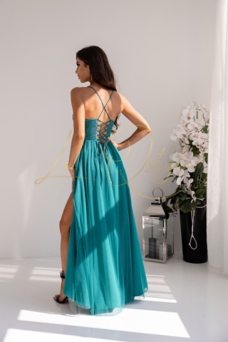 RUBI tiulowa sukienka brokatowa z wiązaniem na plecach BUTELKOWA ZIELEŃ