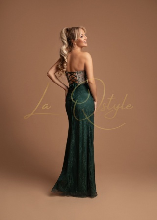 TANIA dopasowana koronkowa sukienka z gorsetem zdobionym kryształkami BUTELKOWA ZIELEŃ