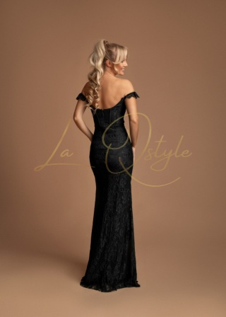 BRIGITTE gorsetowa koronkowa sukienka z hiszpańskim dekoltem zdobiona kryształkami CZARNA