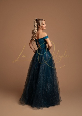 TIPHAINE tiulowa suknia brokatowa z gorsetem i hiszpańskim dekoltem MORSKA