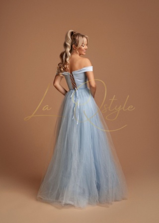 TIPHAINE tiulowa suknia brokatowa z gorsetem i hiszpańskim dekoltem BŁĘKITNA