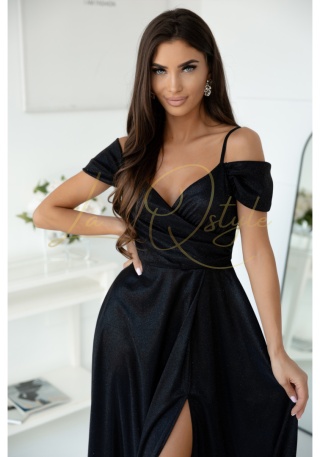 VALENTINA sukienka brokatowa z hiszpańskim dekoltem CZARNA PLUS