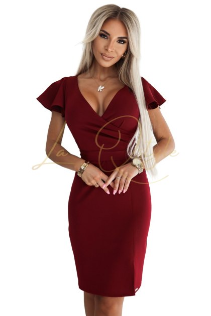 NINA elegancka sukienka z kopertowym dekoltem, rękawkiem i paskiem BORDOWA