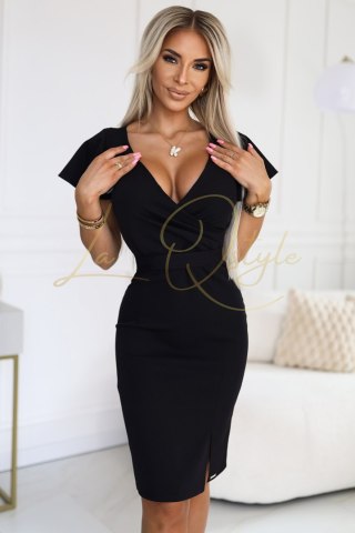 NINA elegancka sukienka z kopertowym dekoltem, rękawkiem i paskiem CZARNA
