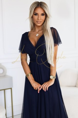 NASTIA Długa sukienka z dekoltem i krótkim rękawkiem GRANATOWA