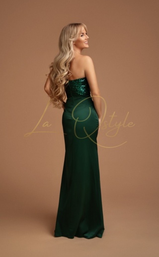 CASSANDRA satynowa dopasowana sukienka z cekinowym gorsetem BUTELKOWA ZIELEŃ