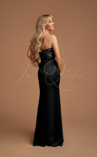 CASSANDRA satynowa dopasowana sukienka z cekinowym gorsetem CZARNA