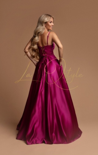 HELENE długa satynowa sukienka z gorsetem, tiulem i kieszeniami FUKSJA