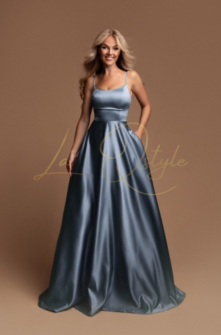 HELENE długa satynowa sukienka z gorsetem, tiulem i kieszeniami ZIMNY NIEBIESKI