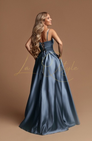 HELENE długa satynowa sukienka z gorsetem, tiulem i kieszeniami ZIMNY NIEBIESKI