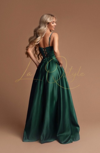 HELENE długa satynowa sukienka z gorsetem, tiulem i kieszeniami BUTELKOWA ZIELEŃ