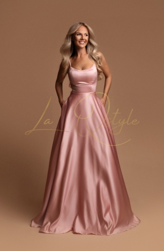 HELENE długa satynowa sukienka z gorsetem, tiulem i kieszeniami PUDROWY RÓŻ