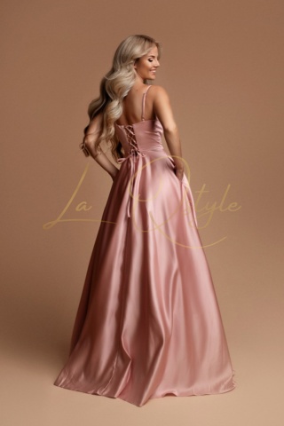 HELENE długa satynowa sukienka z gorsetem, tiulem i kieszeniami PUDROWY RÓŻ