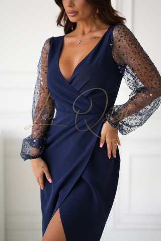 NORI dopasowana sukienka z cekinowymi rękawami GRANATOWA