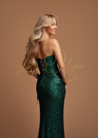SALI dopasowana cekinowa sukienka z asymetrycznym gorsetem BUTELKOWA ZIELEŃ