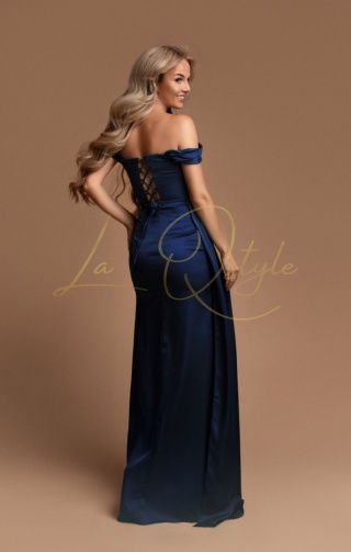 SOFIA satynowa sukienka z gorsetem, trenem i opadającymi ramiączkami GRANATOWA