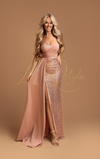 SUZIE dopasowana cekinowa sukienka z gorsetem i trenem PUDROWY RÓŻ