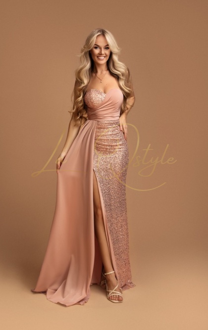 SUZIE dopasowana cekinowa sukienka z gorsetem i trenem PUDROWY RÓŻ