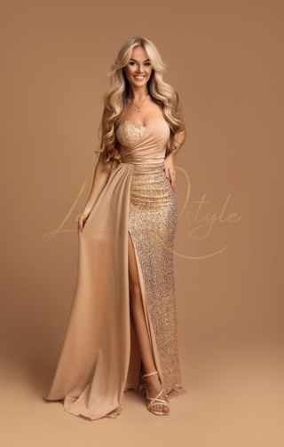 SUZIE dopasowana cekinowa sukienka z gorsetem i trenem ZŁOTA