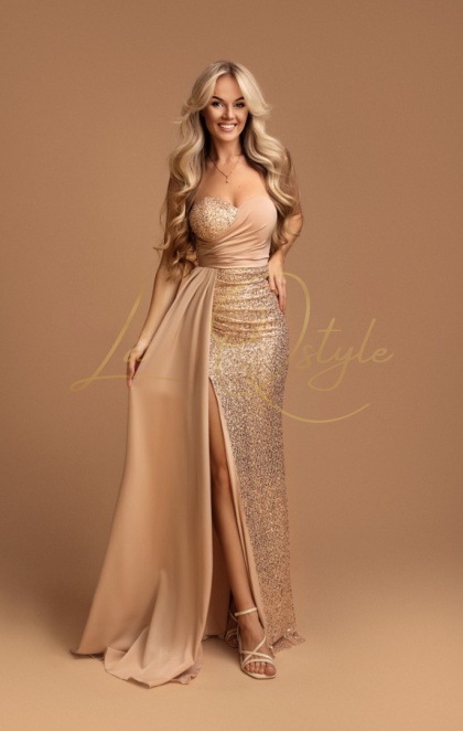 SUZIE dopasowana cekinowa sukienka z gorsetem i trenem ZŁOTA