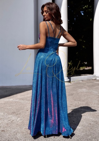 TIFANI długa brokatowa sukienka z rozcięciem TURKUS - AMARANT