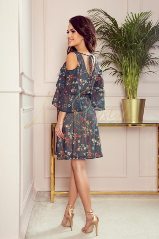 MARINA zwiewna sukienka z dekoltem ZIELONA W KWIATY