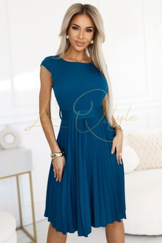 LILA Klasyczna plisowana sukienka z krótkim rękawkiem i paskiem MORSKI