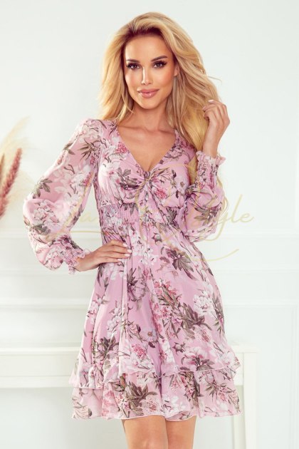 MONICA szyfonowa sukienka z wiązanym dekoltem BRUDNY RÓŻ + KWIATY