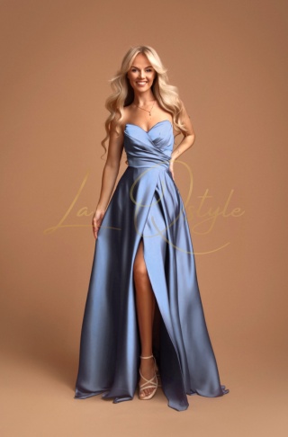 ELISABETH długa rozkloszowana satynowa sukienka z gorsetem ZIMNY NIEBIESKI