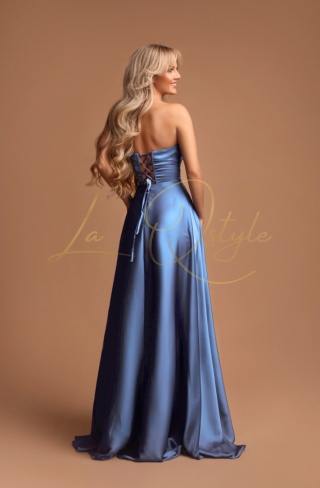 ELISABETH długa rozkloszowana satynowa sukienka z gorsetem ZIMNY NIEBIESKI