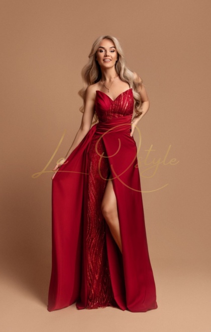 ISABELLE rozkloszowana długa sukienka z rozcięciem i cekinowym gorsetem WIŚNIA