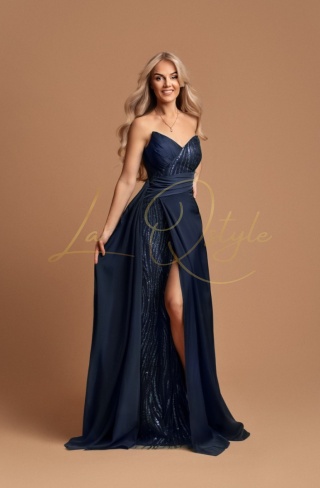 ISABELLE rozkloszowana długa sukienka z rozcięciem i cekinowym gorsetem GRANATOWA