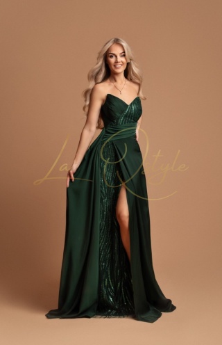 ISABELLE rozkloszowana długa sukienka z rozcięciem i cekinowym gorsetem BUTELKOWA ZIELEŃ