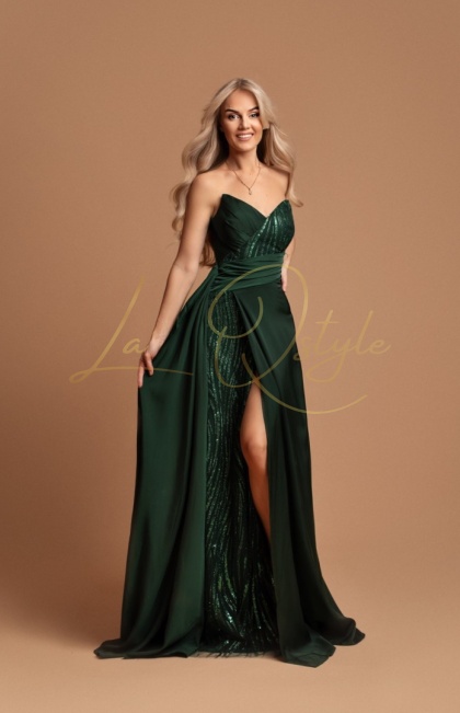 ISABELLE rozkloszowana długa sukienka z rozcięciem i cekinowym gorsetem BUTELKOWA ZIELEŃ