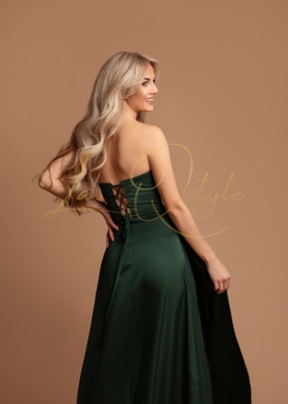 ISABELLE rozkloszowana długa sukienka z rozcięciem i cekinowym gorsetem BUTELKOWA ZIELEŃ