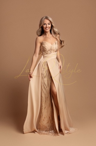 ISABELLE rozkloszowana długa sukienka z rozcięciem i cekinowym gorsetem ZŁOTA