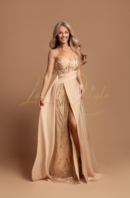 ISABELLE rozkloszowana długa sukienka z rozcięciem i cekinowym gorsetem ZŁOTA