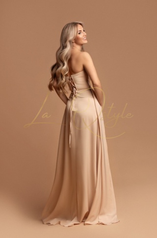 ISABELLE rozkloszowana długa sukienka z rozcięciem i cekinowym gorsetem ZŁOTA