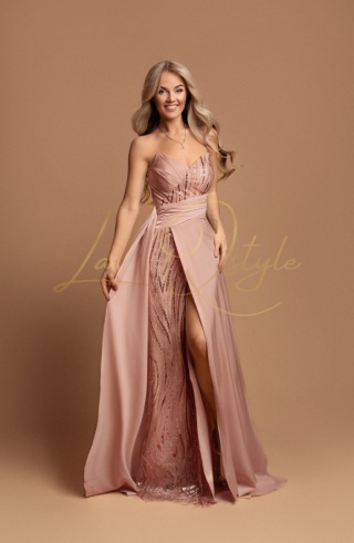 ISABELLE rozkloszowana długa sukienka z rozcięciem i cekinowym gorsetem PUDROWY RÓŻ