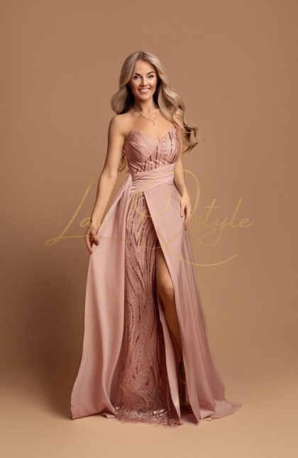 ISABELLE rozkloszowana długa sukienka z rozcięciem i cekinowym gorsetem PUDROWY RÓŻ