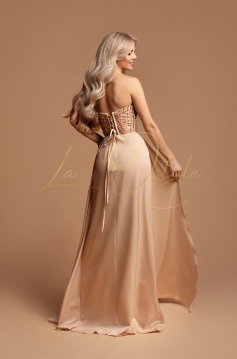 Satynowa długa rozkloszowana sukienka z błyszczącym gorsetem ZŁOTA