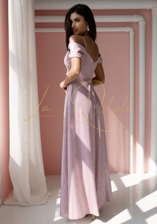 VALENTINA sukienka brokatowa z hiszpańskim dekoltem PUDROWY RÓŻ