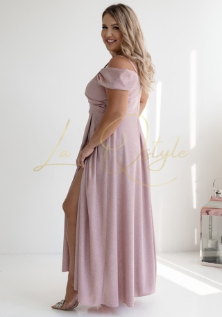 VALENTINA sukienka brokatowa z hiszpańskim dekoltem PUDROWY RÓŻ PLUS