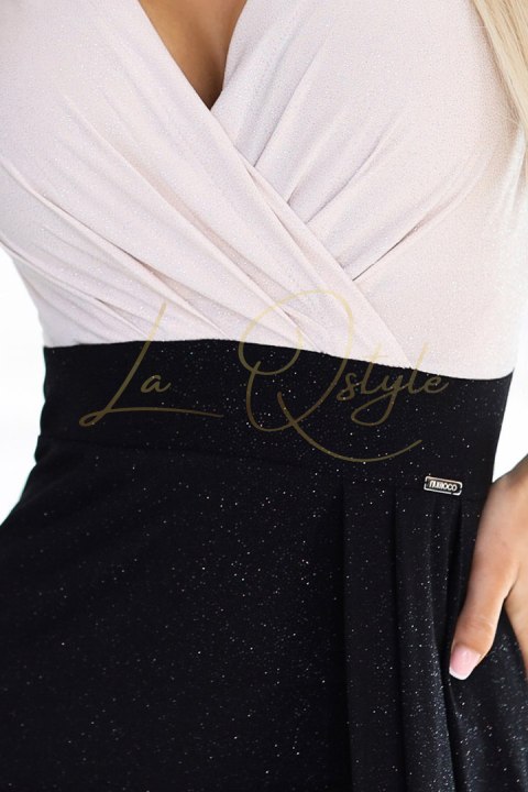 Błyszcząca sukienka z krótkim rękawkiem, dekoltem i rozcięciem na nodze - czarno-beżowa z brokatem