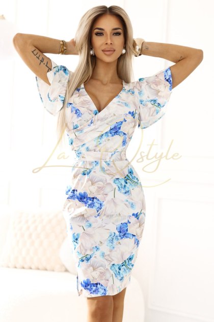 NINA sukienka z kopertowym dekoltem, rękawkiem i paskiem BŁĘKITNE KWIATY